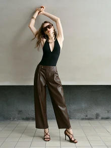 MOTF PREMIUM AUTUMN/WINTER SLIMMING SILHOUETTE WIDE LEG PANTS - Brown - View 5