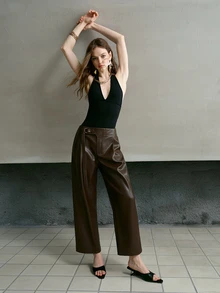 MOTF PREMIUM AUTUMN/WINTER SLIMMING SILHOUETTE WIDE LEG PANTS - Brown - View 4