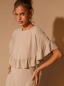 COSMINA Women's Elegant Ruffle Short Sleeve Round Neck Dress, Suitable For All Seasons, Valentine's Day, Dating And Party - Khaki - View 5