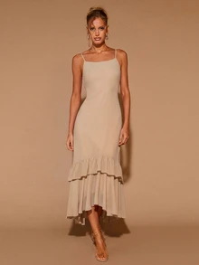 COSMINA Women's Elegant Ruffle Short Sleeve Round Neck Dress, Suitable For All Seasons, Valentine's Day, Dating And Party - Khaki - View 7