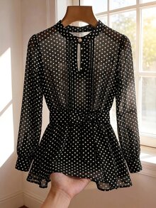 SHEIN Clasi 女款波點圖案長袖優雅襯衫 - 黑與白 - 查看 1