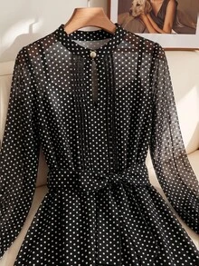 SHEIN Clasi 女款波點圖案長袖優雅襯衫 - 黑與白 - 查看 4