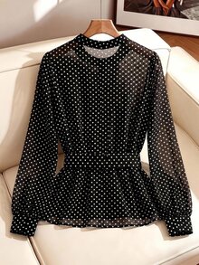 SHEIN Clasi 女款波點圖案長袖優雅襯衫 - 黑與白 - 查看 5