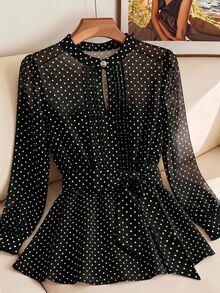 SHEIN Clasi 女款波點圖案長袖優雅襯衫 - 黑與白 - 查看 2