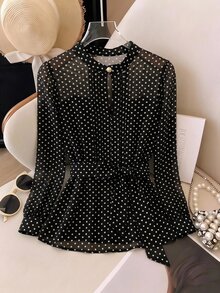SHEIN Clasi 女款波點圖案長袖優雅襯衫 - 黑與白 - 查看 3