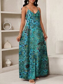 SHEIN Lady 女款全印花休閒日常穿著超長細肩帶洋裝 - 彩色 - 查看 5