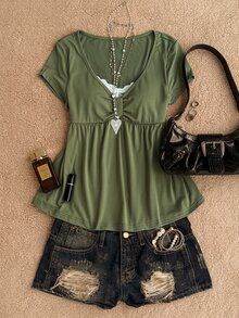 Attitoon Casual Minimalist Style Olive Green 2 In 1 Women's T-Shirt Suitable For Spring And Summer - Multicolor - View 3