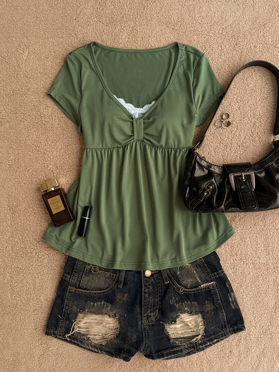 Attitoon Casual Minimalist Style Olive Green 2 In 1 Women's T-Shirt Suitable For Spring And Summer - Multicolor - View 1