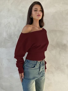 Aloruh Apricot Knit Asymmetric Shoulder Long Sleeve Top For Women, Autumn/Winter - Burgundy - View 4