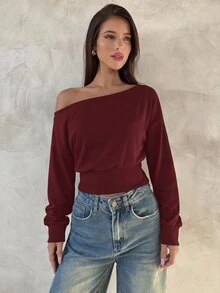 Aloruh Apricot Knit Asymmetric Shoulder Long Sleeve Top For Women, Autumn/Winter - Burgundy - View 3