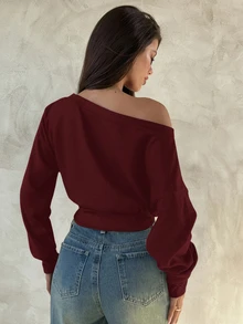 Aloruh Apricot Knit Asymmetric Shoulder Long Sleeve Top For Women, Autumn/Winter - Burgundy - View 2