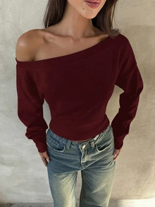 Aloruh Apricot Knit Asymmetric Shoulder Long Sleeve Top For Women, Autumn/Winter - Burgundy - View 5