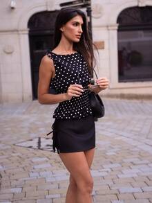 Silviapuertast Débardeur élégant style français à pois avec nœud à l'épaule et taille cintrée, coupe slim, décontracté et polyvalent, noir, pour vacances printemps/été pour femmes - Noir - Voir 1