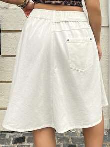 Dazy Plus Dark Wash Blue Asymmetrical Hem Tie-Front Blogger Casual Design Plus Size Women's Knee-Length Midi Denim Skirt Spring Summer - Beige - View 5