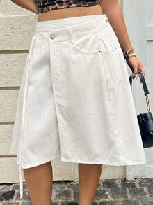 Dazy Plus Dark Wash Blue Asymmetrical Hem Tie-Front Blogger Casual Design Plus Size Women's Knee-Length Midi Denim Skirt Spring Summer - Beige - View 6