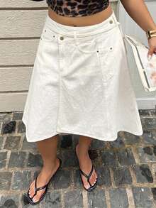 Dazy Plus Dark Wash Blue Asymmetrical Hem Tie-Front Blogger Casual Design Plus Size Women's Knee-Length Midi Denim Skirt Spring Summer - Beige - View 7