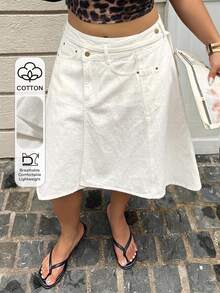 Dazy Plus Dark Wash Blue Asymmetrical Hem Tie-Front Blogger Casual Design Plus Size Women's Knee-Length Midi Denim Skirt Spring Summer - Beige - View 1