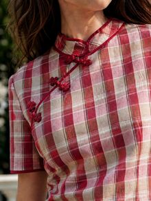 Nöista Red Check Chinese-Style Top With Frog Buttons. Summer, Fall, Casual, Going Out, Elegant Style. - Red - View 2
