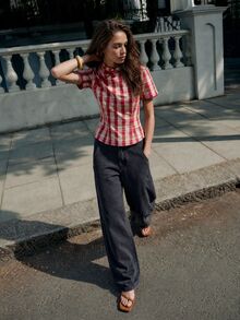 Nöista Red Check Chinese-Style Top With Frog Buttons. Summer, Fall, Casual, Going Out, Elegant Style. - Red - View 5