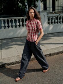 Nöista Red Check Chinese-Style Top With Frog Buttons. Summer, Fall, Casual, Going Out, Elegant Style. - Red - View 6