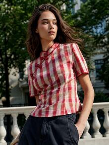 Nöista Red Check Chinese-Style Top With Frog Buttons. Summer, Fall, Casual, Going Out, Elegant Style. - Red - View 1
