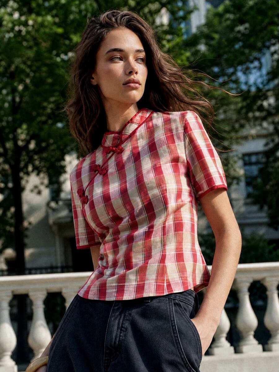 Nöista Red Check Chinese-Style Top With Frog Buttons. Summer, Fall, Casual, Going Out, Elegant Style. - Red - View 1