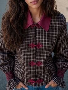 Nöista Plaid Shirt With Fuchsia Collar. Fall, Office Wear, Brunch, Casual Chic Style. - Black - View 6