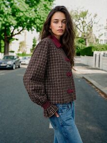 Nöista Plaid Shirt With Fuchsia Collar. Fall, Office Wear, Brunch, Casual Chic Style. - Black - View 4