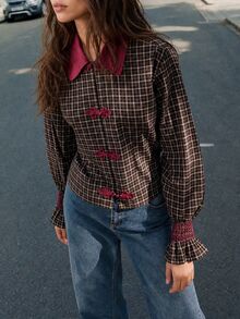 Nöista Plaid Shirt With Fuchsia Collar. Fall, Office Wear, Brunch, Casual Chic Style. - Black - View 2