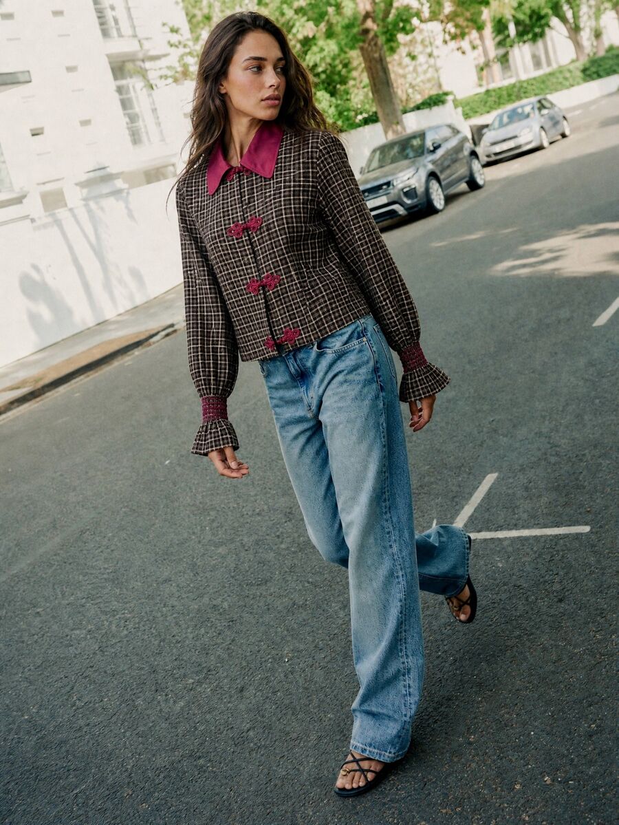 Nöista Plaid Shirt With Fuchsia Collar. Fall, Office Wear, Brunch, Casual Chic Style. - Black - View 1