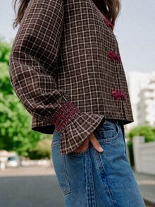 Nöista Plaid Shirt With Fuchsia Collar. Fall, Office Wear, Brunch, Casual Chic Style. - Black - View 5