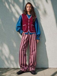 Nöista Vest In Burgundy Color With Contrast Details In Pink Color, Jacquard Fabric And Chinese Buttons On Front, Summer For Women, Birthday Vintage Everyday - Burgundy - View 4