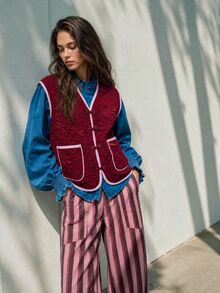 Nöista Vest In Burgundy Color With Contrast Details In Pink Color, Jacquard Fabric And Chinese Buttons On Front, Summer For Women, Birthday Vintage Everyday - Burgundy - View 5