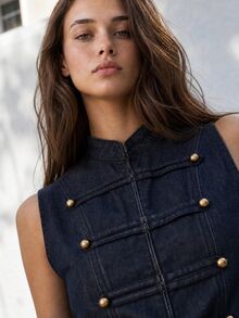 Nöista Denim Sleeveless Mandarin Collar Top With Metal Buttons, Elegant Fall Casual Blouse, Going Out, Back To School, Everyday Style, Back To School, Event - Dark Wash - View 2