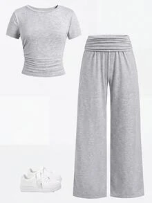 SHEIN Teen Girls Knit Co-Ord Set - Gray Solid Color Round Neck Short Sleeve T-Shirt + Fold-Over Waist Pants, Casual, Sporty Style For Summer - Light Grey - View 9