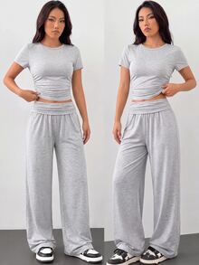 SHEIN Teen Girls Knit Co-Ord Set - Gray Solid Color Round Neck Short Sleeve T-Shirt + Fold-Over Waist Pants, Casual, Sporty Style For Summer - Light Grey - View 11