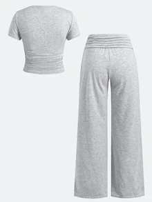 SHEIN Teen Girls Knit Co-Ord Set - Gray Solid Color Round Neck Short Sleeve T-Shirt + Fold-Over Waist Pants, Casual, Sporty Style For Summer - Light Grey - View 7