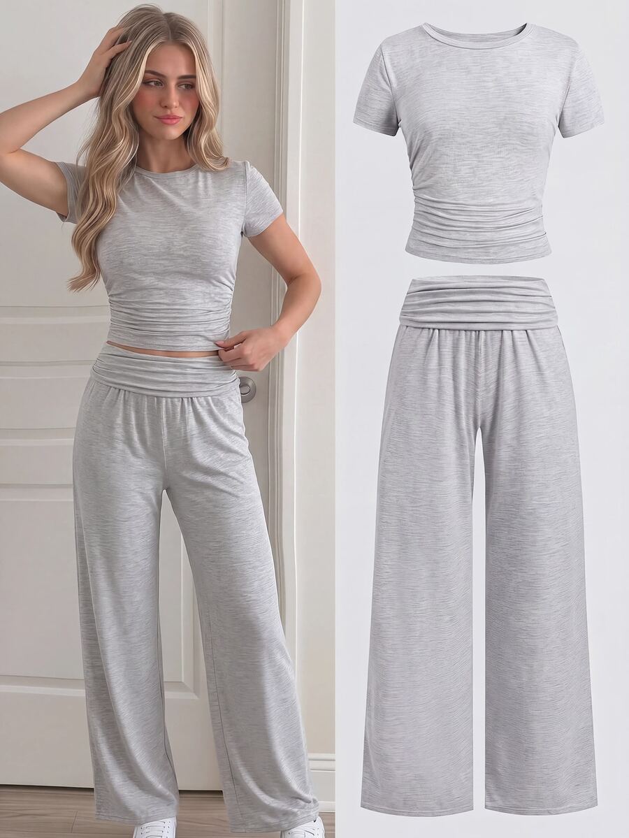 SHEIN Teen Girls Knit Co-Ord Set - Gray Solid Color Round Neck Short Sleeve T-Shirt + Fold-Over Waist Pants, Casual, Sporty Style For Summer - Light Grey - View 1