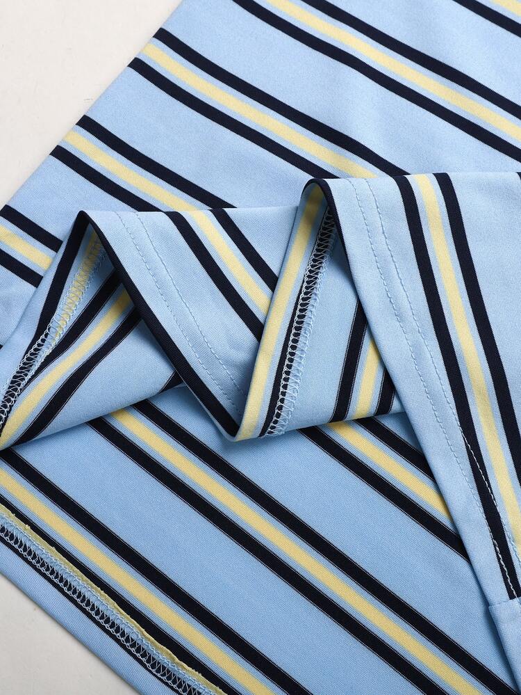 SHEIN Teen Girls Summer New Blue Striped Knit Loose Short Sleeve T-Shirt - Blue - View 4