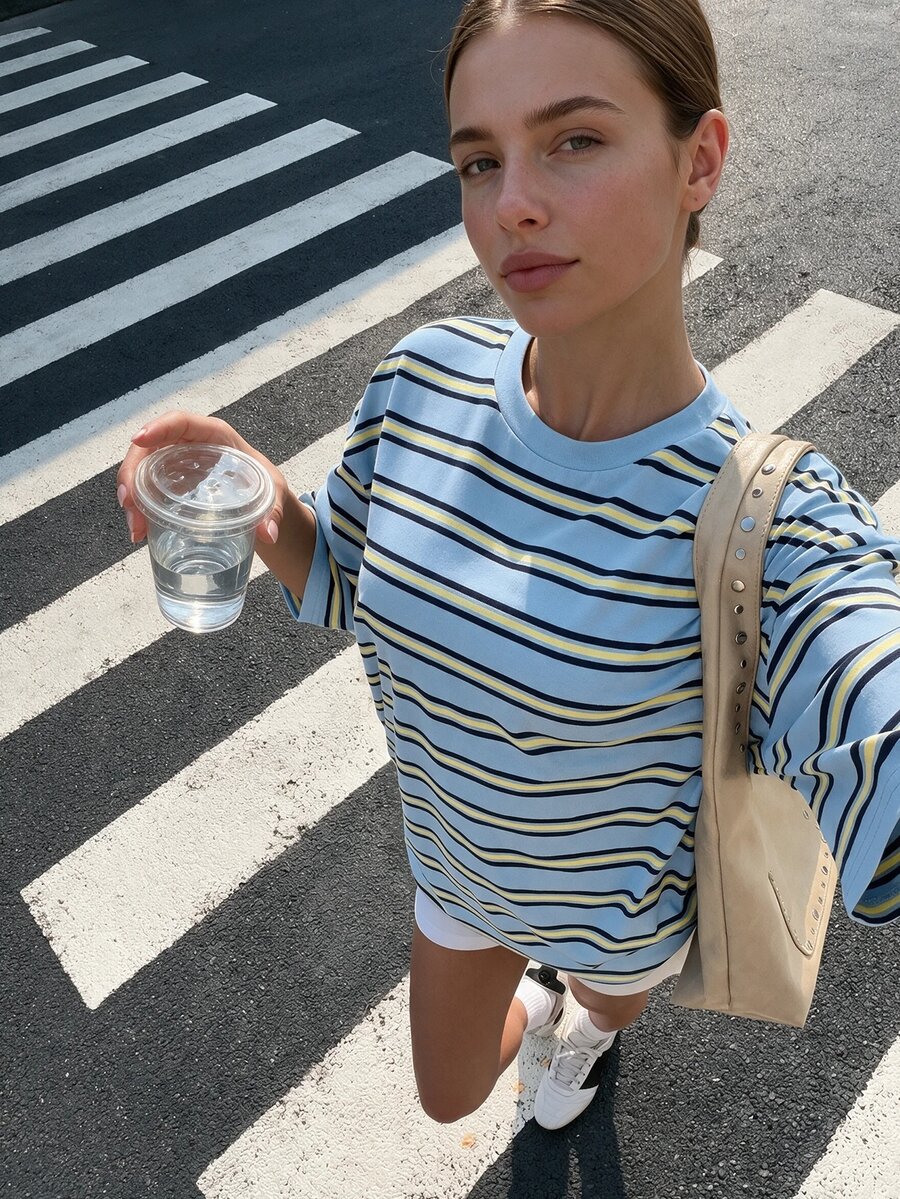 SHEIN 青少年女孩夏季新款藍色條紋針織寬鬆短袖T恤 - 藍色 - 查看 1