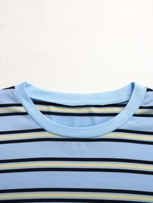 SHEIN 青少年女孩夏季新款藍色條紋針織寬鬆短袖T恤 - 藍色 - 查看 5