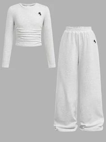 SHEIN 青少年女孩两件套休闲纯灰色针织长袖上衣和裤子套装两件套，舒适两件套长袖套装，适合秋冬休闲日常穿着 - 淺灰色 - 查看 4