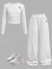 SHEIN 青少年女孩两件套休闲纯灰色针织长袖上衣和裤子套装两件套，舒适两件套长袖套装，适合秋冬休闲日常穿着 - 淺灰色 - 查看 2