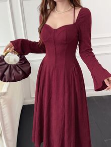 Feyla 女款優雅純色收腰長洋裝 - 紅色 - 查看 6
