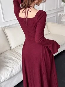 Feyla 女款優雅純色收腰長洋裝 - 紅色 - 查看 2
