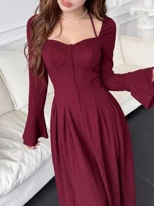Feyla 女款優雅純色收腰長洋裝 - 紅色 - 查看 4