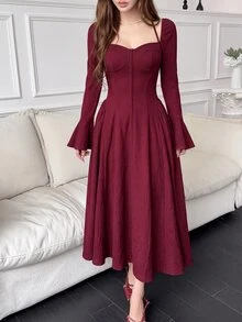 Feyla 女款優雅純色收腰長洋裝 - 紅色 - 查看 5