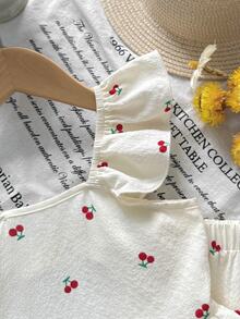 Emery Rose Kids Emery Rose Kids 2件組少女櫻花花卉荷葉袖上衣與寬鬆休閒長褲，夏季，套裝，家庭度假復古風格兒童服裝套裝 - 紅色 - 查看 2