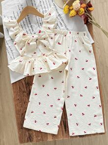 Emery Rose Kids Emery Rose Kids 2件組少女櫻花花卉荷葉袖上衣與寬鬆休閒長褲，夏季，套裝，家庭度假復古風格兒童服裝套裝 - 紅色 - 查看 6