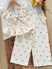 Emery Rose Kids Emery Rose Kids 2件組少女櫻花花卉荷葉袖上衣與寬鬆休閒長褲，夏季，套裝，家庭度假復古風格兒童服裝套裝 - 紅色 - 查看 9